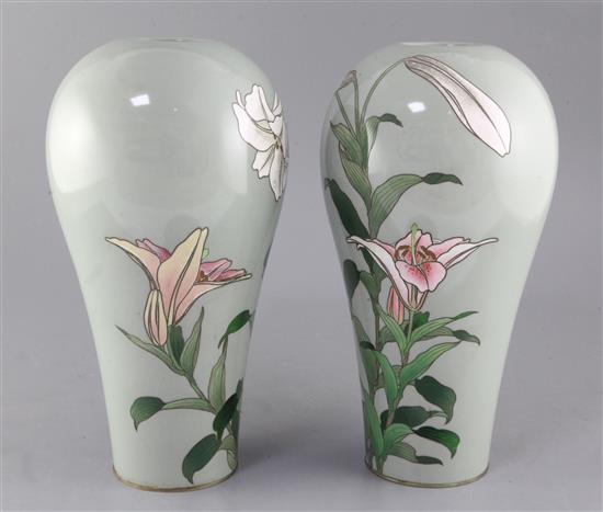 A fine pair of Japanese cloisonne enamel celadon ground vases, studio of Hayashi Kodenji, Meiji/Taisho period, 31.5cm high